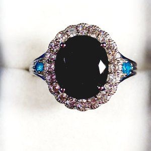 Black Sapphire, Zircon & Neon Apatite halo ring in Plat/925SS 6.70 tcw size 8